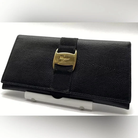 Authentic Salvatore Ferragamo Black Leather Long Bifold Wallet Silver Hardware Mens Ferragamo Wallet - Etsy main image 3